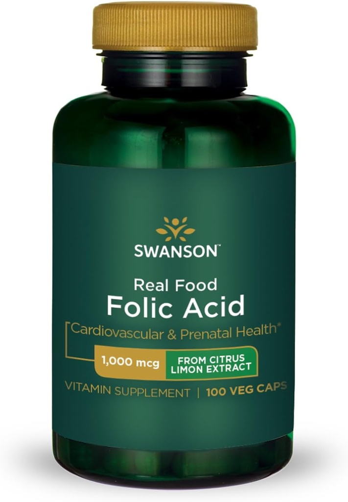 Swanson Real Food Folic Acid Folate Vitamina B-9 Cardiovascular Prenatal Health from Citrus Limon Extract Vegan Gluten-Free Non-GMO B9 1000 mcg 100 Veggie Capsules (Caps)