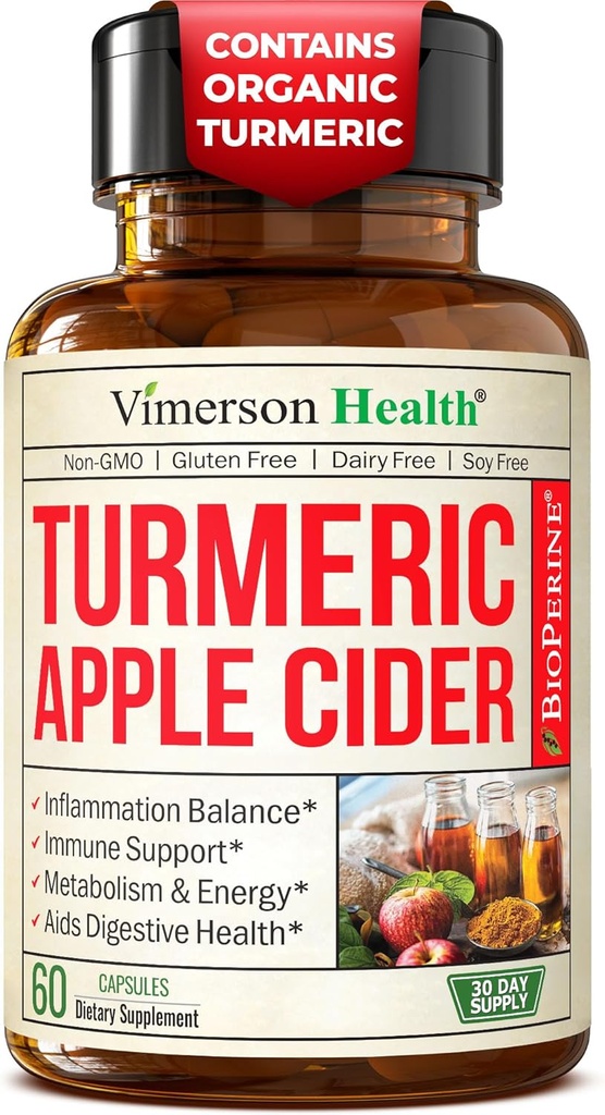 Vinagre de la sidra orgánica de Apple con suplemento de la curcumina tormérica &amp; jengibre para la salud digestiva, metabolismo, energía &amp; soporte conjunto - Turmeric orgánica &amp; cápsulas de vinagre de la sidra de Apple.