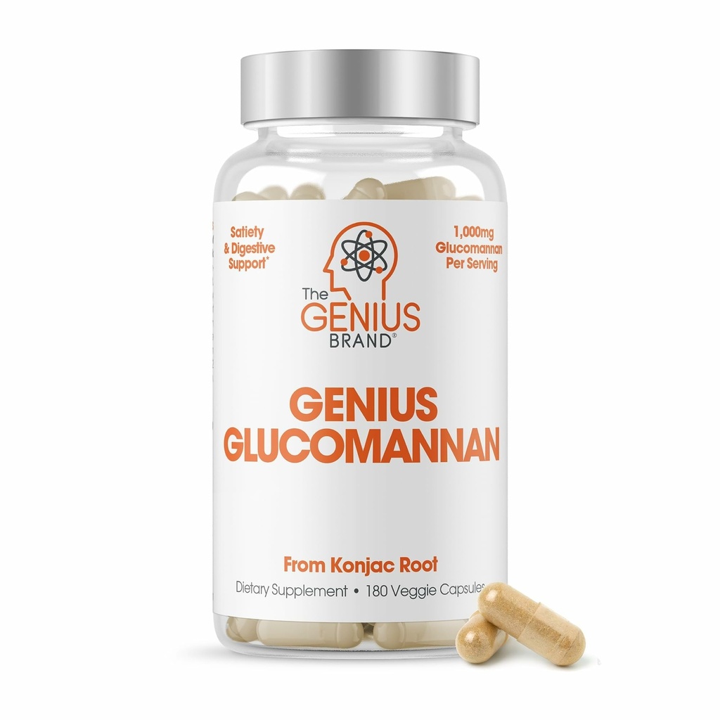 Genius Brand Genius Glucomannan - Glucomannan Capsules for Digestive Health, Energy &amp; Satiety Support - Natural Fiber for Stomach Comfort - Non-GMO & Vegan - 180 Veggie Capsules