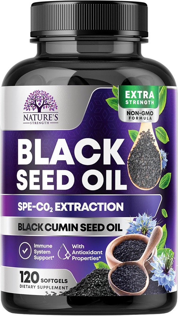 Black Seed Oil Capsules 1000mg with Thymoquinone - Pure Nigella Sativa for Skin Health & Immune Support, 100% Blackseed Oil, Amazing Extraction Above Cold Pressed Black Cumin Seed - 120 Softgels