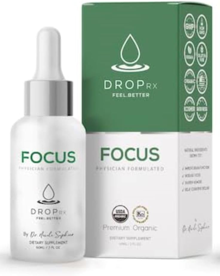DropRx Focus by Dr. Nicole Saphier – Ginkgo Biloba & Ginseng, Bacopa, Rosemary &amp; Sage for Memory Improvement and Brain Focus – Orgánica, No GMO, Vegan, Sin gluten, Kosher, Made in USA (2 Fl Oz)