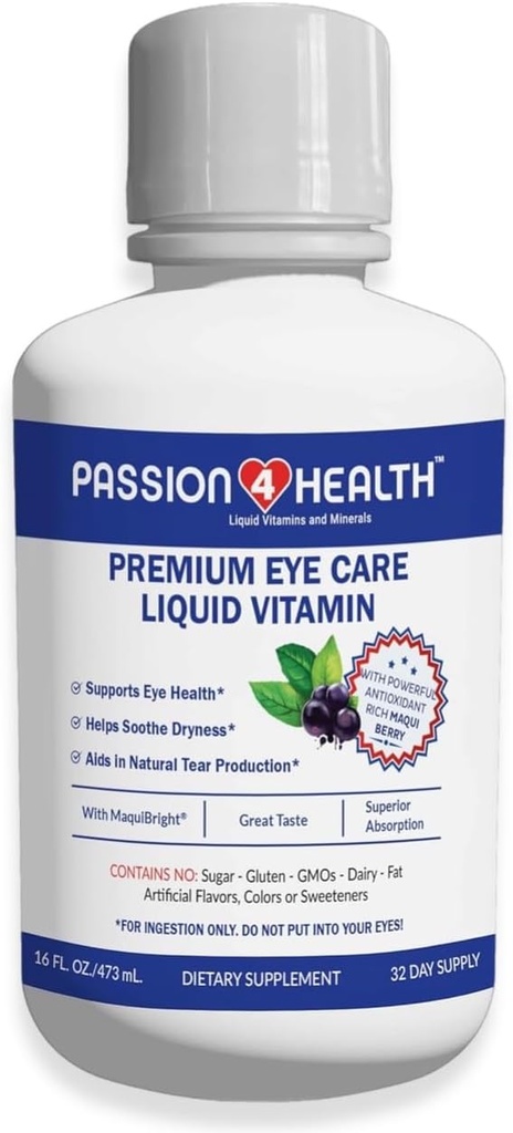 Pasión 4 Vitaminas de Ojo Líquido de Salud - Visión Natural &amp; Complemento de Cuidado de los Ojos Adultos - Soporte Premium con Extracto de Berry Maqui, Libre de gluten, No GMO, No Azúcar - Suministro de 30 días, Hecho en EE.UU.