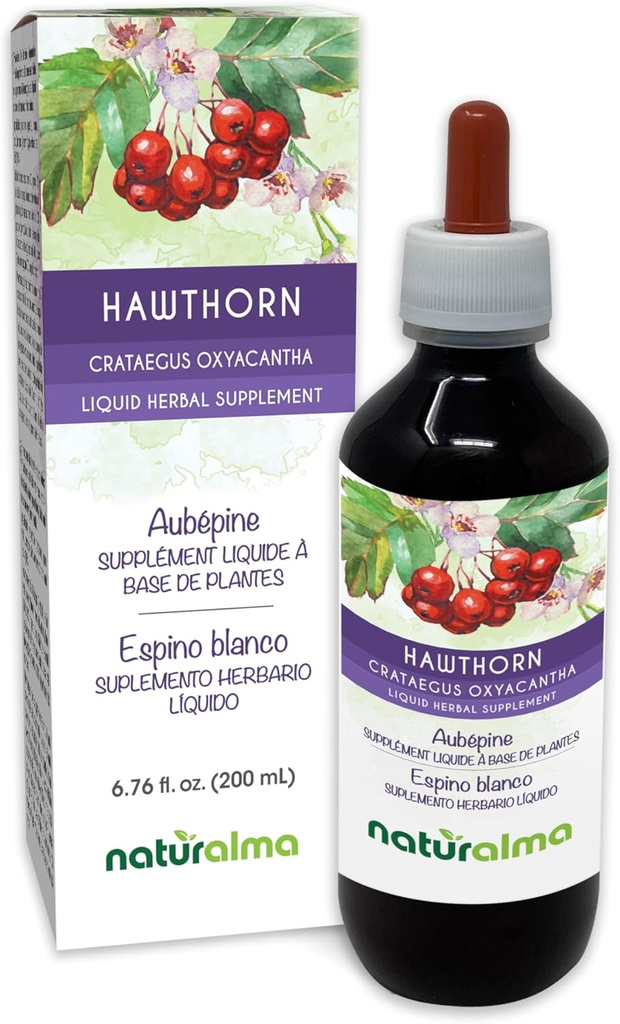 Naturalma Hawthorn (Crataegus oxyacantha) Hoja y Flor Alcohol-Free Tintura - 6.76 fl oz Liquid Extract in Drops - Herbal Supplement - Vegan