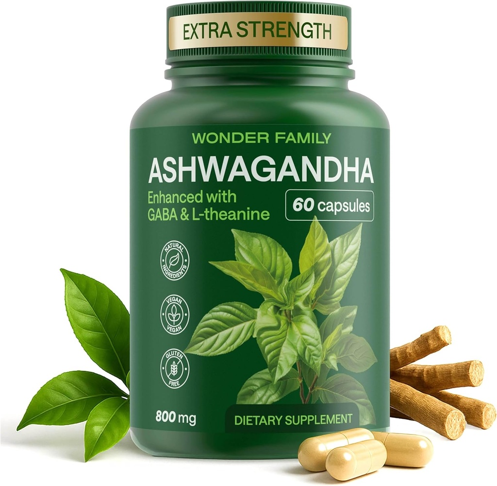 Complejo de Ashwagandha 800mg con GABA, L-Theanine &amp; B6 – Soporte Adaptogénico para calma, enfoque " – 60 cápsulas – más fuerte que 600 mg - No GMO, libre de gluten