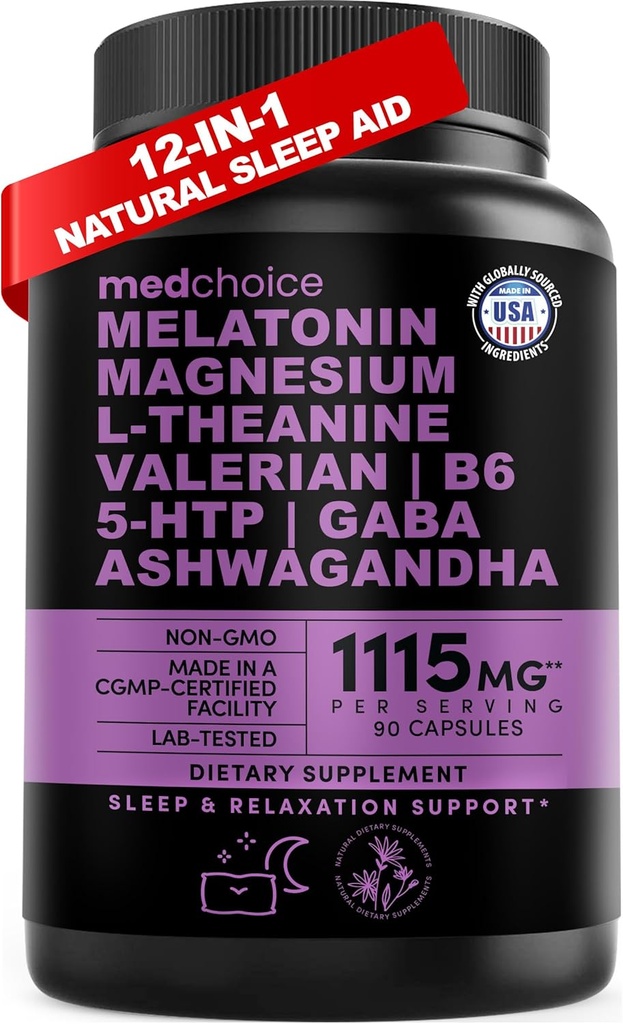 12-en-1 Melatonina cápsulas de sueño - Ayudas naturales para el sueño para adultos con Melatonina 5mg y Magnesium Glycinate 500mg, Ayuda para el sueño con Ashwagandha, L Theanine, Valerian Root, GABA, 5-HTP (90ct, Pack de 1)