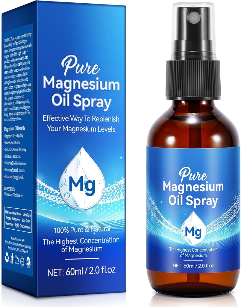 Pure Magnesium Spray for Feet, Magnesium Oil, Organic Natural Glass Bottle, Easy to Absorb and Use 60Ml.