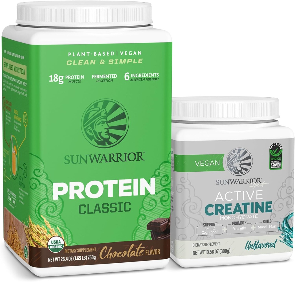 Sunwarrior Brown Rice Protein Powder Plant-Based | Chocolate 30 Servings & Creatine Monohydrate Powder | Micronized Unflavored, 60 Servings