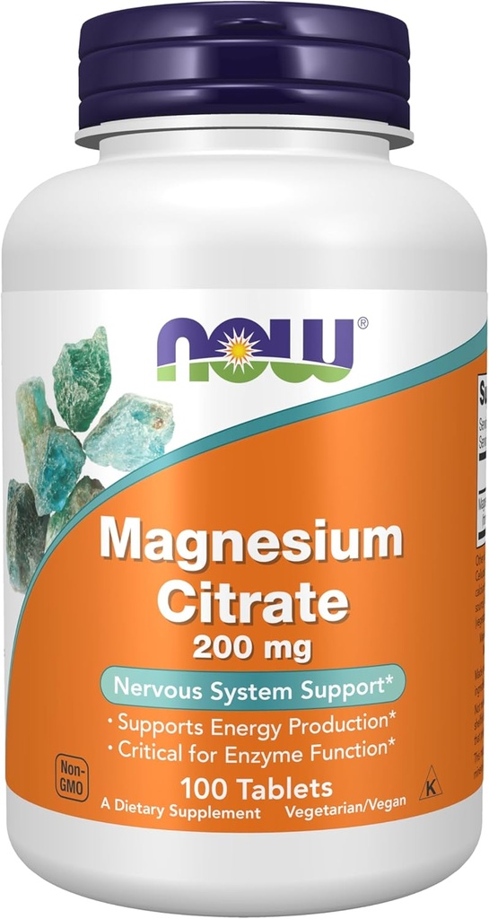 AHORA Suplementos de alimentos, Citrato de magnesio 200 mg, Función de enzima*, Soporte del sistema nervioso*, 100 tabletas