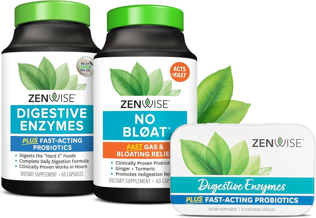 Zenwise Health Bliss Bundle Digestive Enzymes + No Bloat + Free Travel Tin - pre y post Meal Digestive Routine con enzimas y probióticos para la digestión