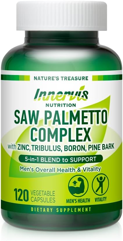Prostate &amp; Urinary Support for Men – 5-in-1 Saw Palmetto Complex with Zinc, Tribulus, Boron, Pine Bark – 120 Veggie Capsules