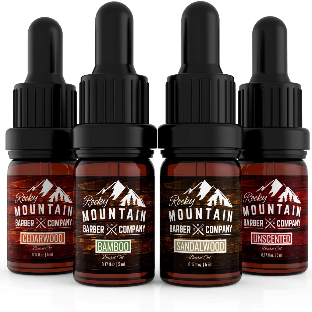 Rocky Mountain Barber Company Beard Oil Sample Size Pack - 4 Unique Beard Oil Varieties (0.17 oz cada uno) - Cedrowood, Sandalwood, Bamboo " Unscented – Contiene Aceites Esenciales