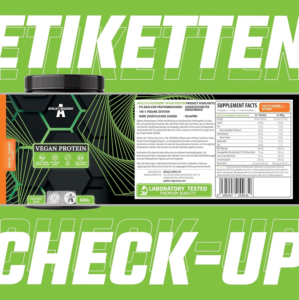 APOLLO'S HEGEMONY Vegan Protein 600g: Proteína de base vegetal con guisantes, arroz y levadura - Rico en ácidos aminoácidos - 24 Servimientos - Libre de azúcar y Fortificado con vitamina B12, sabor sésamo