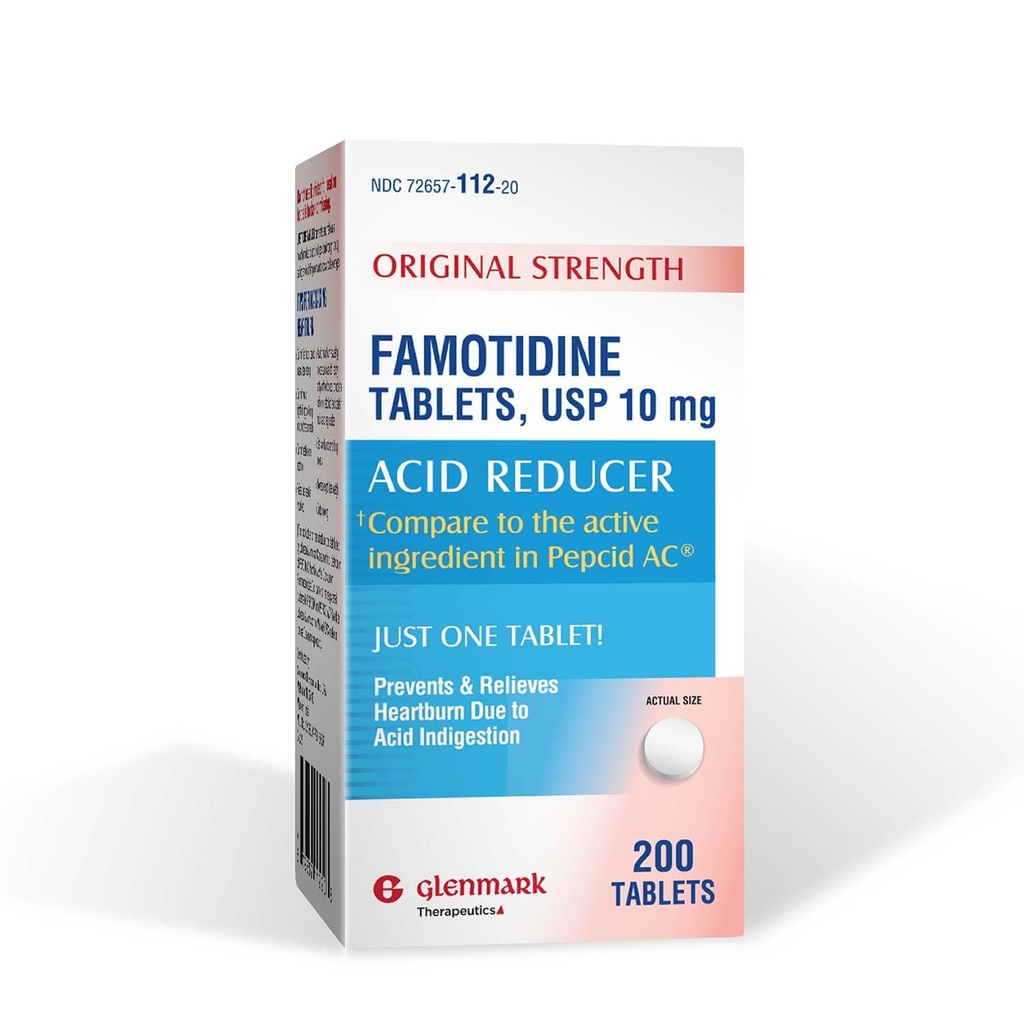 Glenmark Therapeutics Original Strength Famotidine Tablets, 10 mg, Acid Reducer for Heartburn Relief, 200 Count