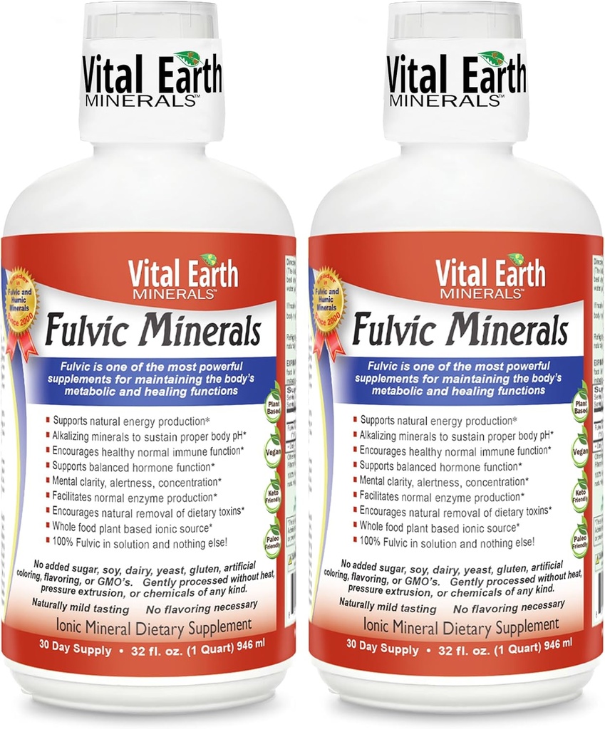 Minerales de la Tierra Vital Minerales Fulvic Minerales Líquidos – Suplemento Ácido Fulvico con 70+ Minerales de Traza, Electrolitos para Energía & Vitalidad, 32 Oz Ea + 1 Copa Oz