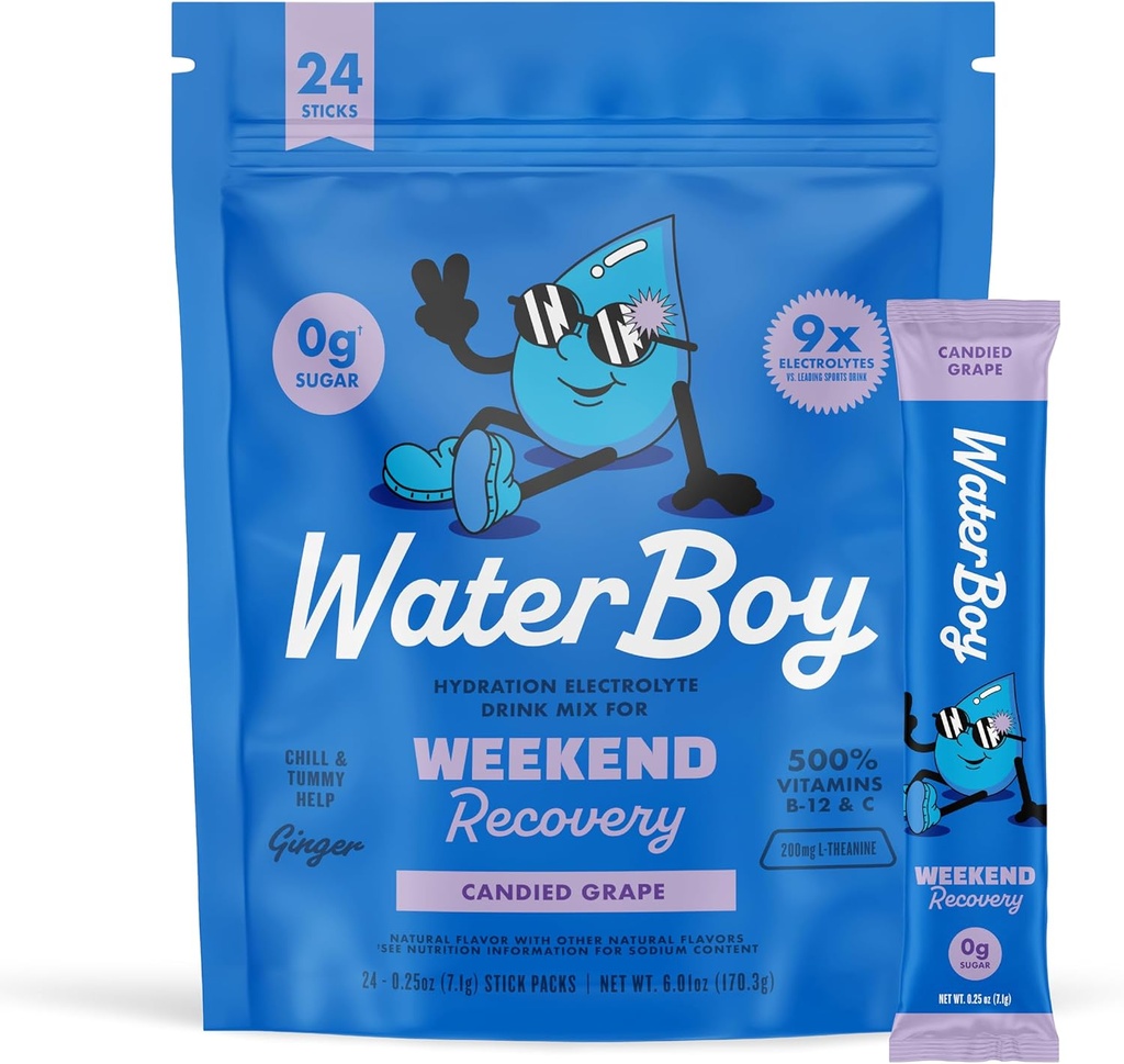 Waterboy Weekend Recovery ← 3,187mg Electrolyte Powder Packets  Ginger + L-Theanine + Vitamins peru No Sugar, All Natural, Gluten Free ← 24 Drink Stick Mixes (Grape)