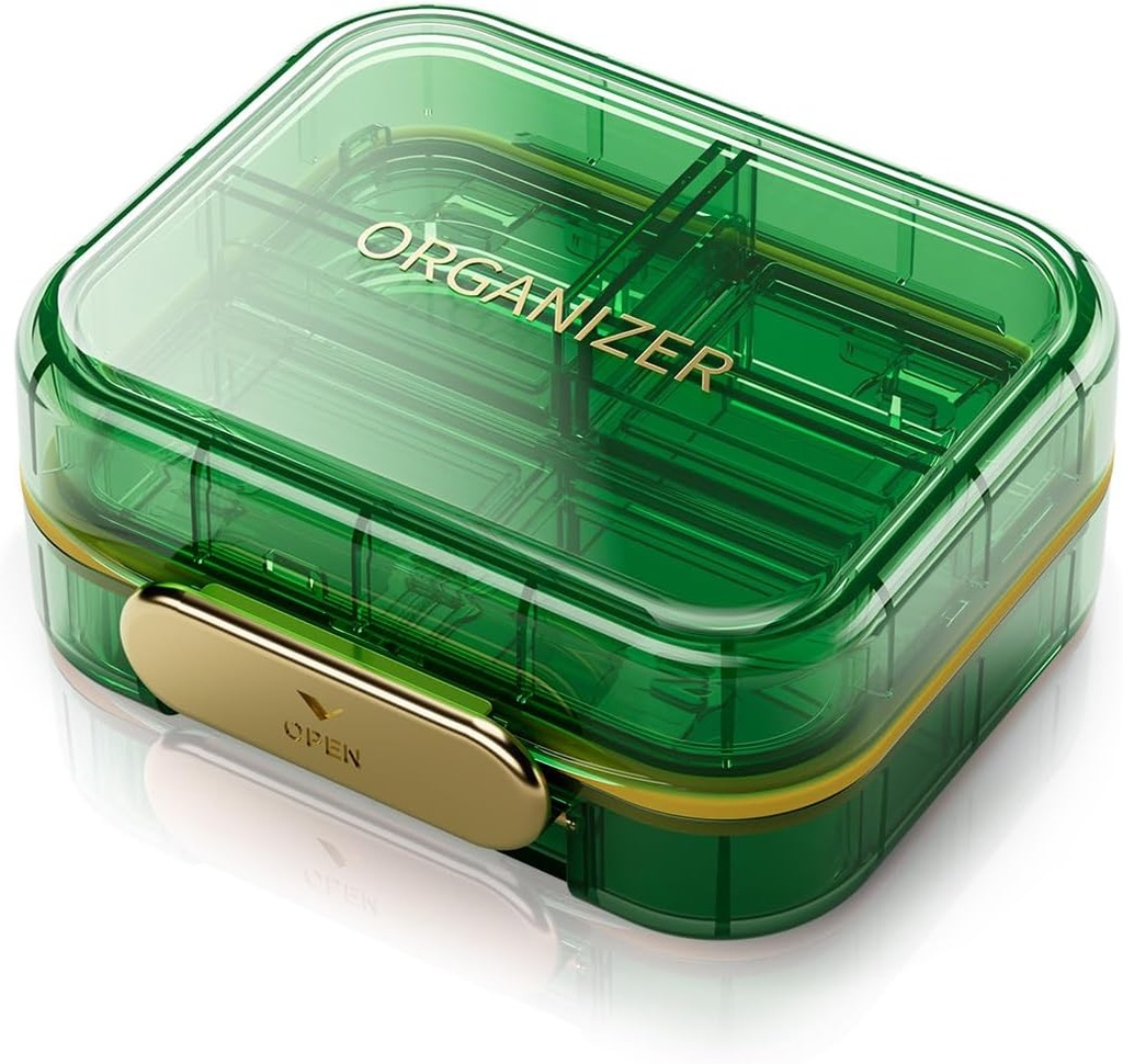 Organizador de píldoras de viaje portátil con 7 departamentos - Caja de píldoras impermeable semanal perfecta para vitaminas y medicinas diarias, pequeña contenedor de píldoras para el bolso de bolsillo (verde)