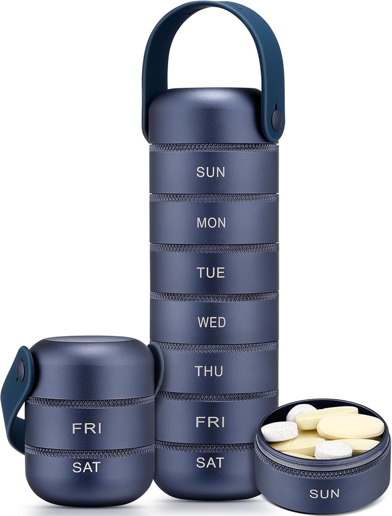 Zannaki Metal organizador semanal de píldoras, caja grande de carga de viaje 7 días, caja impermeable de píldoras diarias con manija de silicona, aleación de aluminio Contenedor portátil para vitaminas, medicinas, suplementos