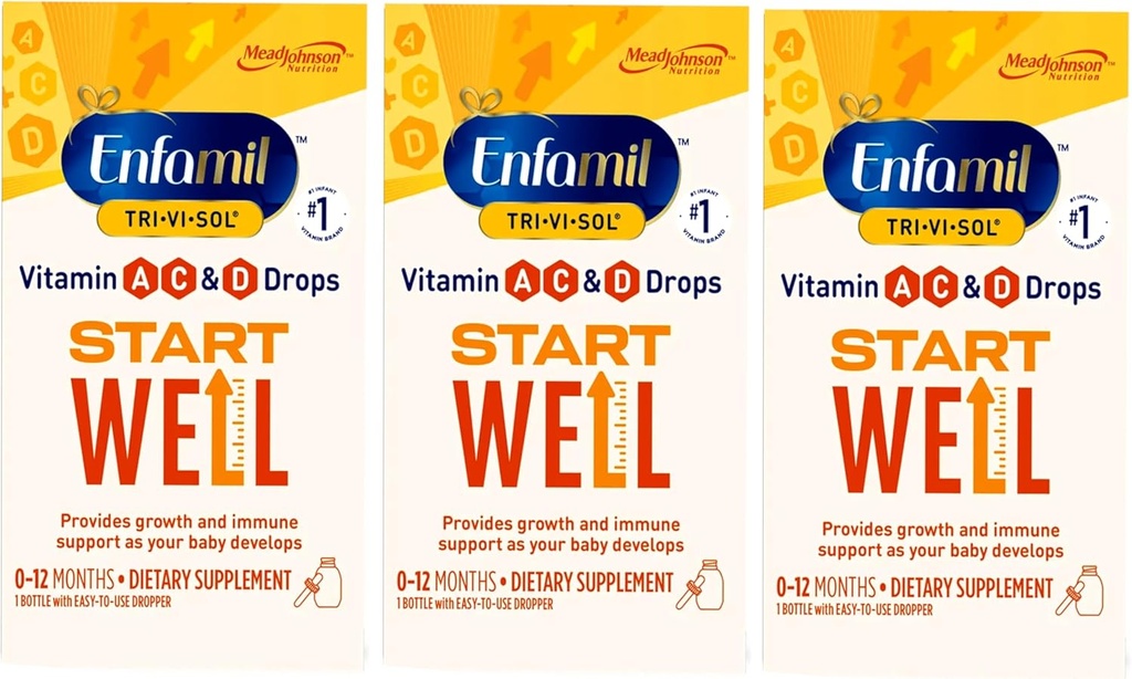 Enfamil Tri-Vi-Sol Vitamina A, C & D gotas para bebés 0-12 meses, crecimiento y apoyo inmunológico Suplemento dietético, 1 botella con gotero (Pack of 3)