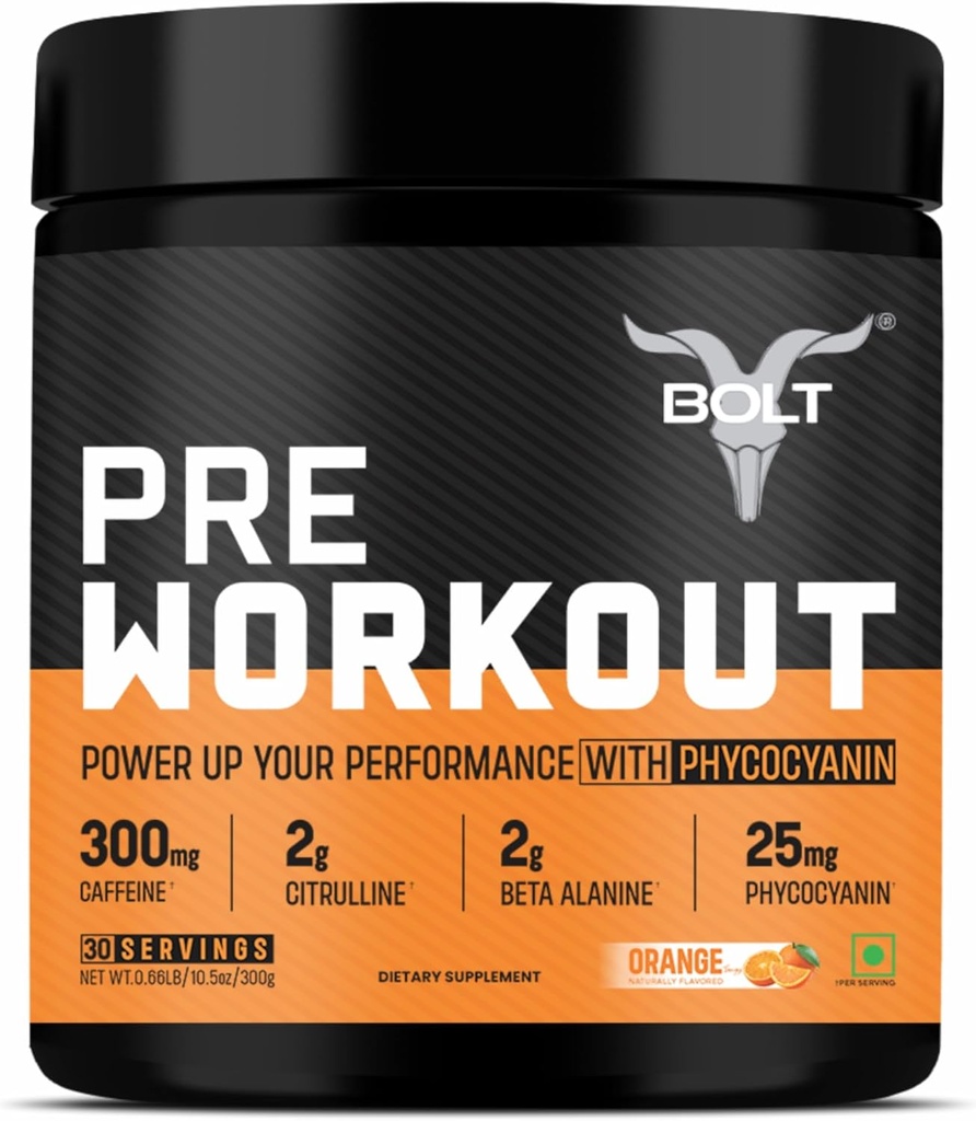 Bolt Pre Workout Supplement with Caffeine, Citrulline Malate, B-Alanine, Taurine | Explosive Energy, Pump & Focus |300g,30 Servings | Tangy Orange