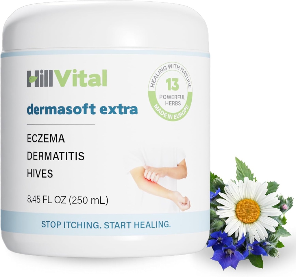 HillVital Eczema Cream for Kids - Hidrating Moisturizer for Adults, Herbal Baby Eczema Relief, Itch Relief Hives Treatment, Anti Itch Lotion and Seborrheic Dermatitis Balm 8.5 fl oz