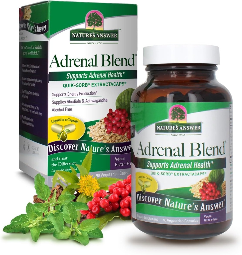 Respuesta de la naturaleza Extracaps Adrenal Blend Stress Away Vegetarian 90 Capsules Vegetarianos Vegan Combinación Herbal Suplemento dietético No Harm