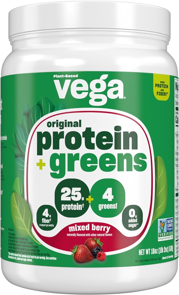 Vega Protein and Greens Protein Powder Mixed Berry (11 Servings) 25g Plant Based Protein Plus Veggies, Vegan, Non-GMO, Pea Protein for Women and Men, 1.2lbs