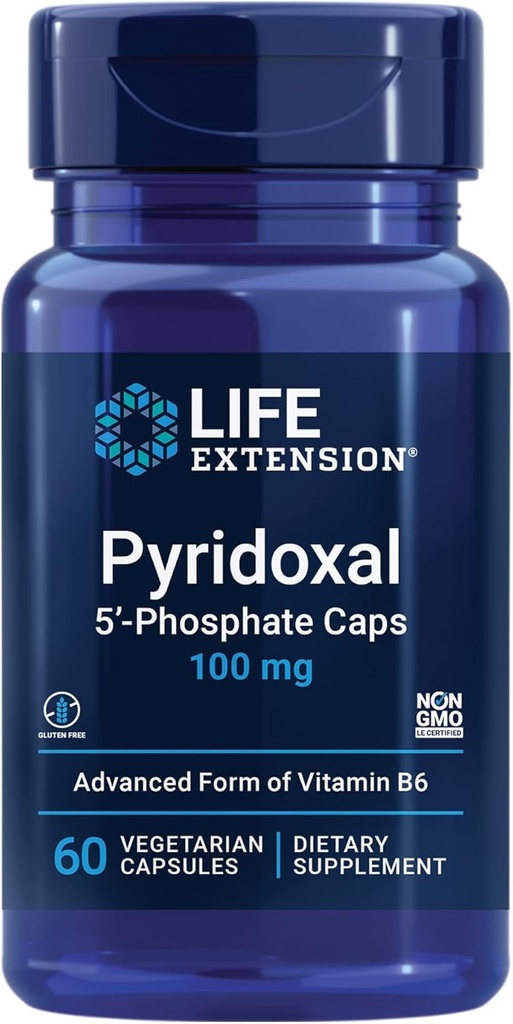 Pyridoxal 5'-Phosphate Caps—Vitamin B6, 100 mg, Bioactive B6 for Cardiovascular, Kidney & Nerve Health—Gluten-Free, Non-GMO, Vegetarian—60 Vegetarian Capsules