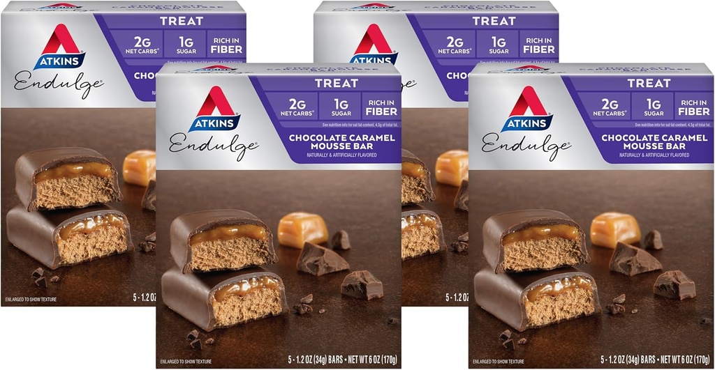 Atkins Endulge Chocolate Caramel Mousse Bar, Dessert Favorite, 1g Sugar, High in Fiber, 5 Count (Pack of 4)