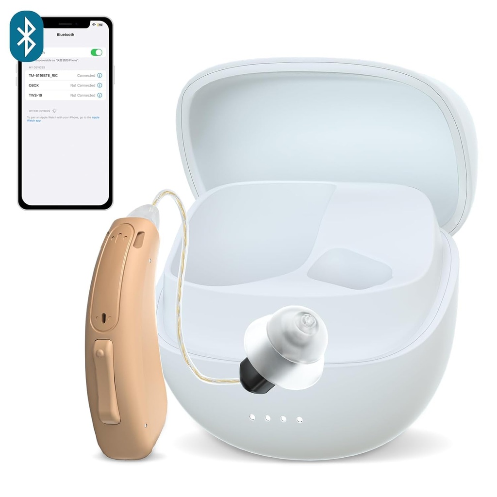 RIC Single Hearing Aid for Seniors ,CUSTOM FIT Digital Over-The-Counter Rechargeable Tinnitus Masking Premium Hearing Aid Solution for Adults,Nearly Invisible Bluetooth Call Enabled, Auto-On, 1pc Left Side