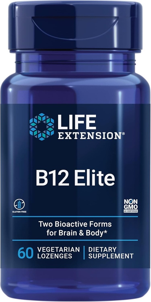 Extensión de vida B12 Elite, adenosylcobalamin, metilcobalamina, dos formas activas para la producción de dopamina, no Gluten-Free, Vegetariano, 60 lozenges