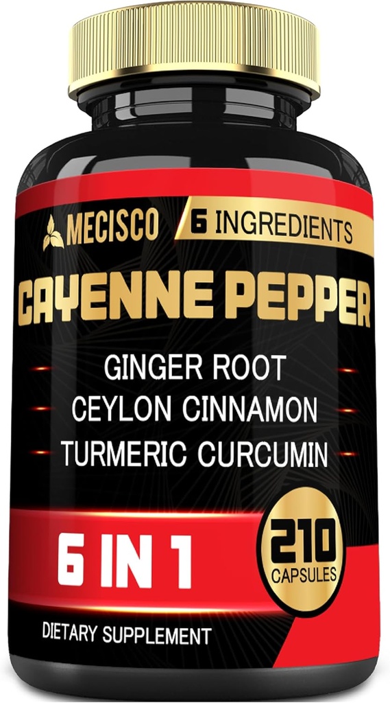 6in1 Cápsulas de extracción de pimienta de cayena con raíz orgánica de turcumina, pimienta negra y más - Sistema de digestión de apoyo, salud cardíaca, función de inmunidad - 210 cápsulas
