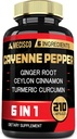 6in1 Cápsulas de extracción de pimienta de cayena con raíz orgánica de turcumina, pimienta negra y más - Sistema de digestión de apoyo, salud cardíaca, función de inmunidad - 210 cápsulas