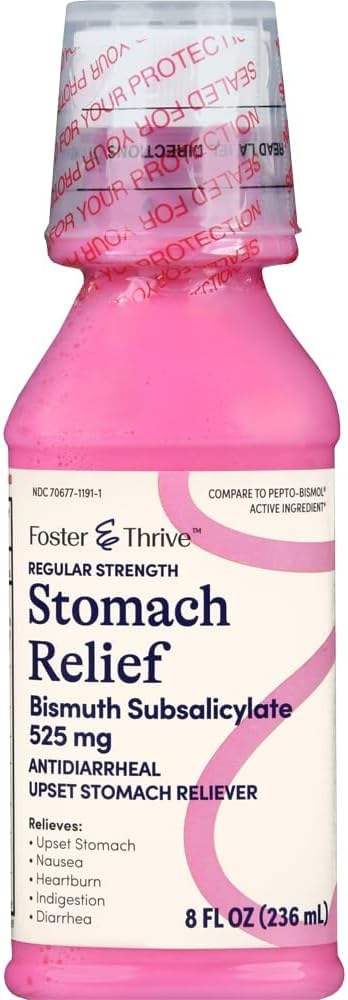 Foster " Thrive Stomach Relief Liquid for Nausea, Heartburn, Indigestion, Upset Stomach, and Diarrhea - Fast Relief for 5 Symptoms, Antidiarrheal, Bismuth Subsalicylate 525 mg, Original, 8 Oz