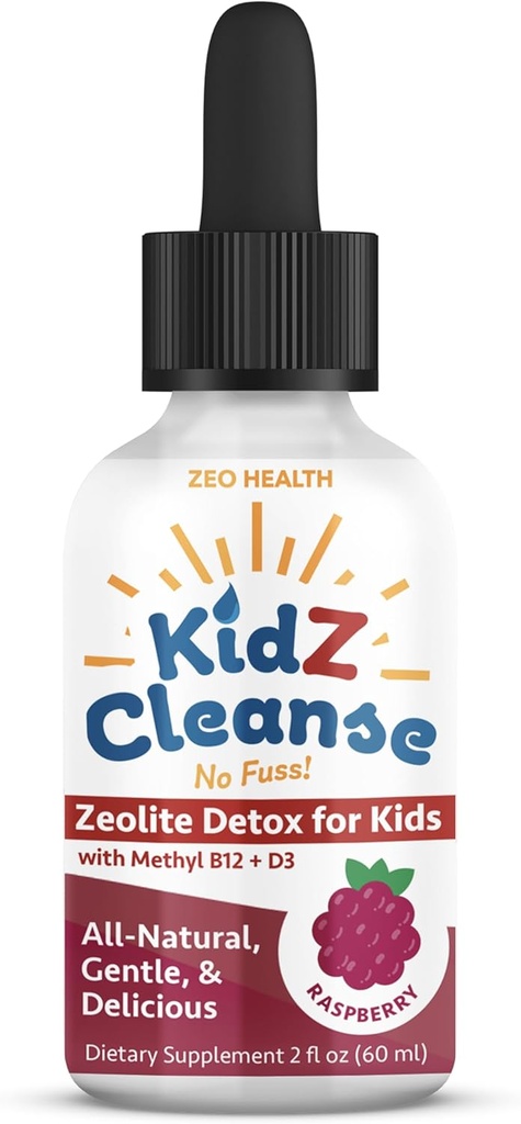 Kidz Cleanse ← Zeolite Detox para niños ¦ Desarrollo, Comportamiento, Energía y Gut Health Support Suplemento Silencio fácil de tomar, Pure Liquid Zeolite Drops + Methyl B12 + D3 (Raspberry Flavor) - 2oz