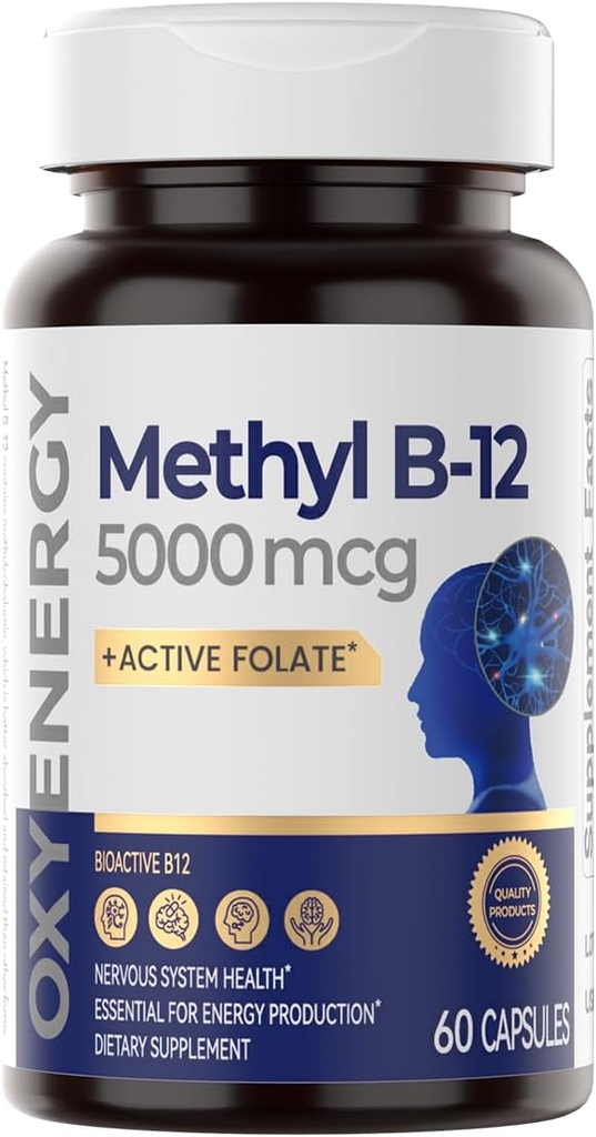 OxyEnergy Methyl Vitamin B12 5000mcg, Extra Strength Methylcobalamin B-12 Suplementos con Folate, Support Nerves, Energy Metabolism & Cognitive,60 Capsules