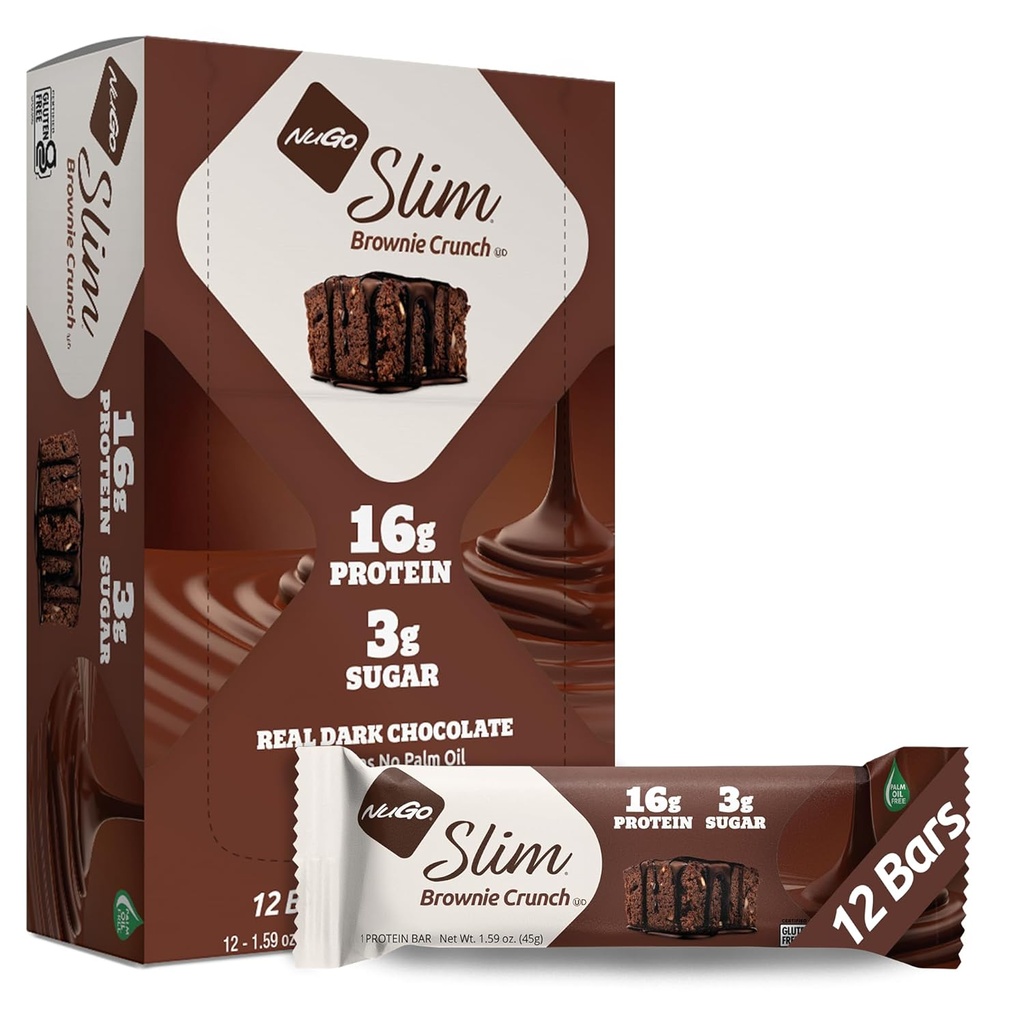 NuGo Slim Dark Chocolate Brownie Crunch, 16g Protein Bar, Gluten Free, Non-GMO, Kosher, Keto Friendly, Low Carb, 12 Condes