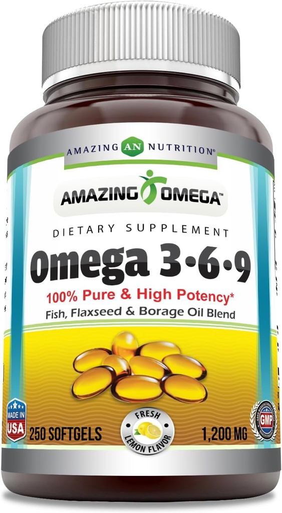 Increíble Omega 3.6.9 Suplemento Silencio 1200 Mg Silencio Lemon Flavor ← Fórmula Única de Aceite Flaxseed, Aceite de Borage, Ácidos Grasos Silenciosos No-GMO ANTE Gluten-Free TEN Made in USA (1 Pack TEN 250 Softgels)