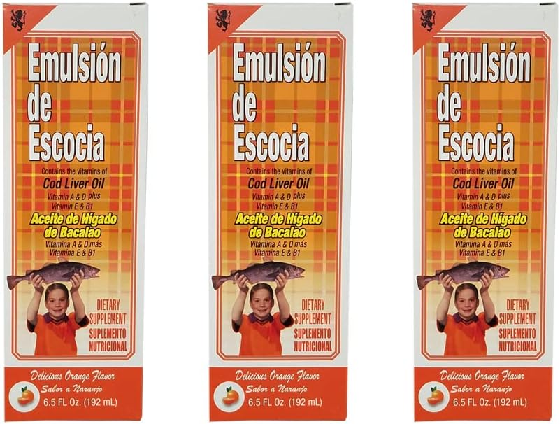 Emulsion de Escocia. Cod Liver Oil Suplemento dietético. Rica en vitaminas A, D, E y B1. 6.5 Fl.Oz / 192 mL. Paquete de 3