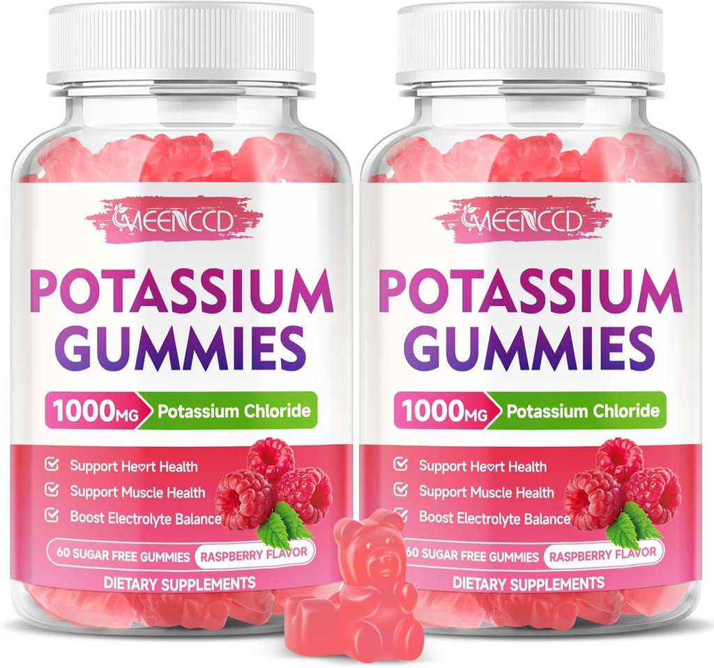 2 Pack Potasio Gummies, Potasio Chloride 1000mg para Adultos, Suplemento de Potasio Libre de Azúcar Gummies Apoyo Electrolyte Balance &amp; Leg Cramps for Women &amp; Men, Raspberry Flavor, 120 Condes