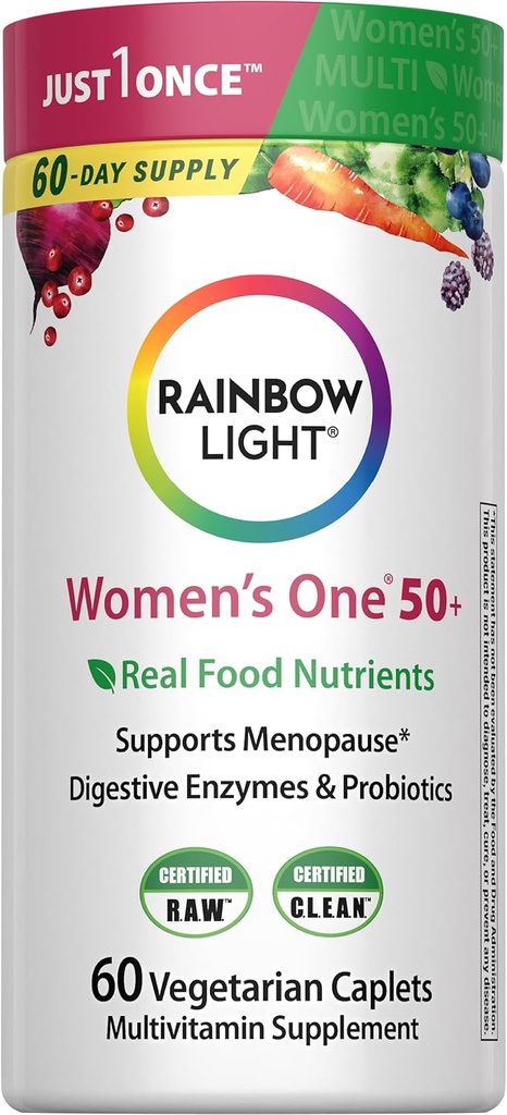 Multivitamina de luz arco iris para mujeres 50+, Vitamina C, D & Zinc, Probióticos, Mujer Un 50+ Multivitamina proporciona soporte de inmunodeficiencia alta, no GMO, vegetariano, 60 Tablets
