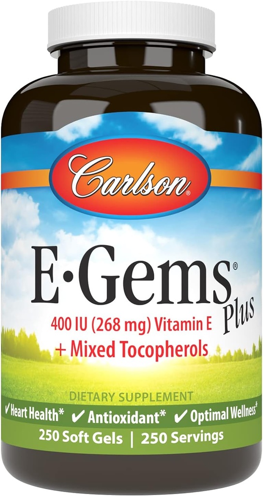 Carlson - E-Gems Plus, Vitamina Natural E 400 UI, soporta un corazón saludable, 250 geles blandos