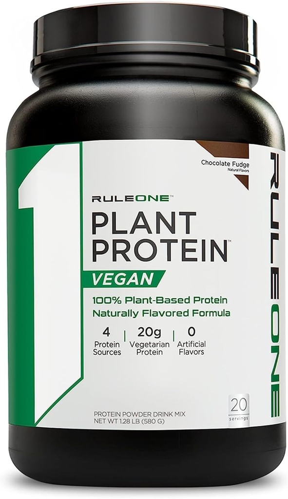 Regla 1 R1 Proteína vegetal, Chocolate Fudge - 1.28 lbs Polvo - 20g Proteína vegana + Aminoácidos naturalmente ocurridos - 20 Servimientos