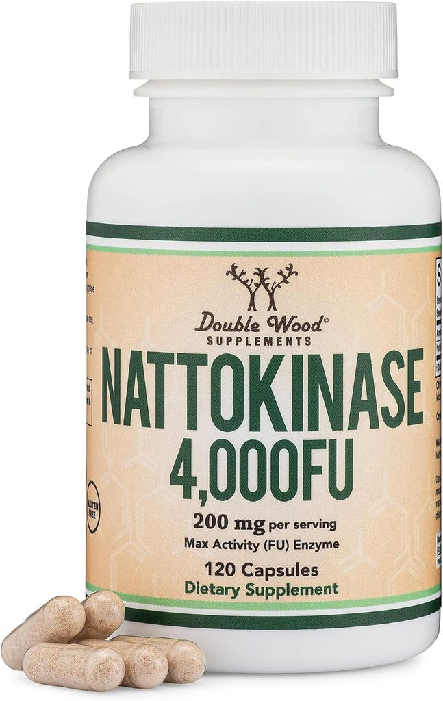 Nattokinase Suplemento 4,000 FU Servimientos, 120 Capsules (Derivado de Natto japonés) Enzimas sistémicos para soporte cardiovascular y circulatorio por madera doble
