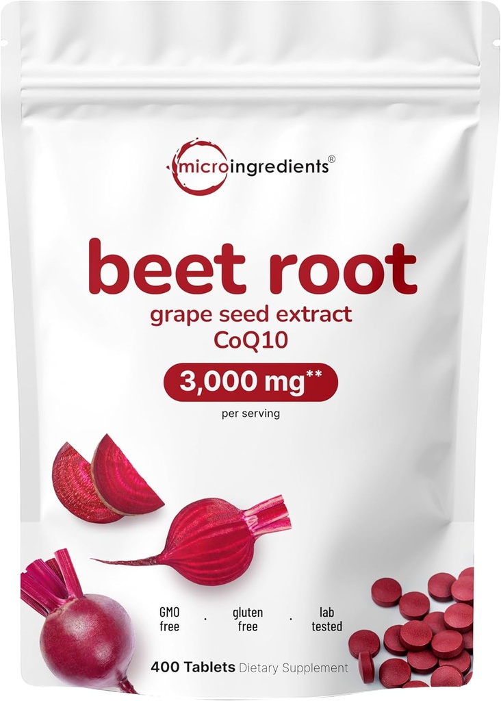 Beet Root 3000mg with Grape Seed Extract " CoQ10, 400 Tablets ← 200 Servings ← Super Beets Suplementos del extracto de Beetroot fresco para el óxido nítrico, presión arterial " Apoyo a la salud del corazón