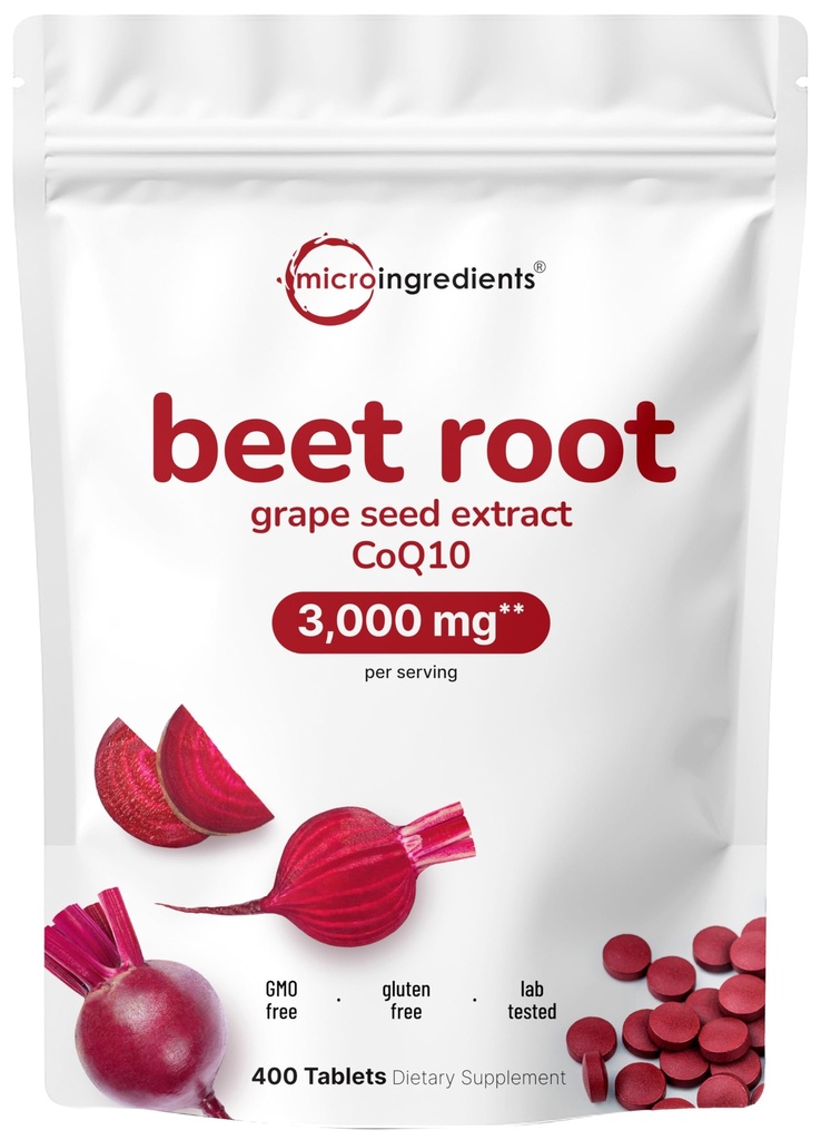 Micro Ingredients Beet Root 3,000mg with Grape Seed Extract & CoQ10, 400 Tablets | 200 Servings | Super Beets Supplements from Fresh Beetroot Extract