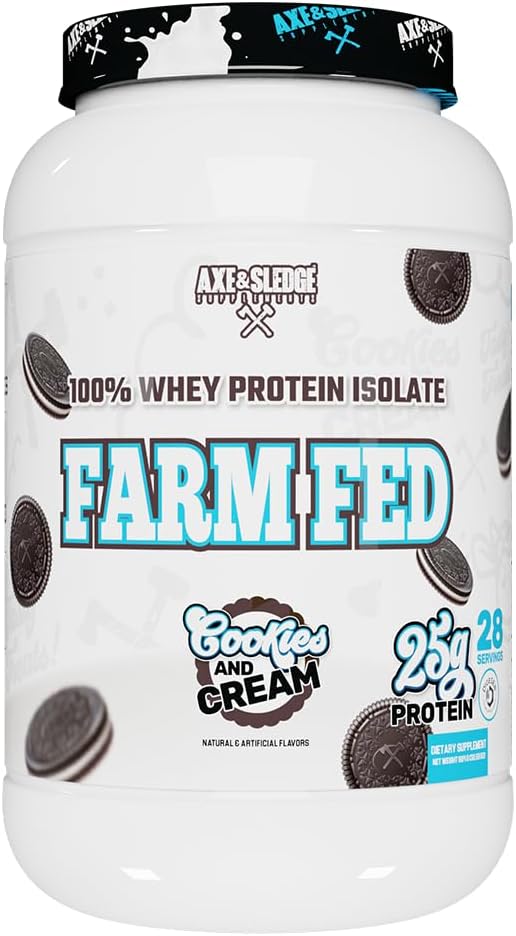 Axe &amp; Sledge Farm Fed 100% Whey Protein Isolate TEN 25g Protein ← Low Carb, Low Sugar, Gluten Free ← Protein Powder for Men and Women TEN Keto TEN Made in The USA ← 28 Servings, Cookies y Crema