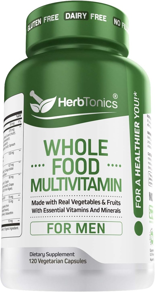 Multivitamina entera de alimentos para hombres y mujeres con superalimentos de mercados integrales de alimentos ← Real Raw Veggies, Frutas, Vitamina E, A, B Complex ← Vegan Non-GMO 120 Vegetarian Capsules (Men)