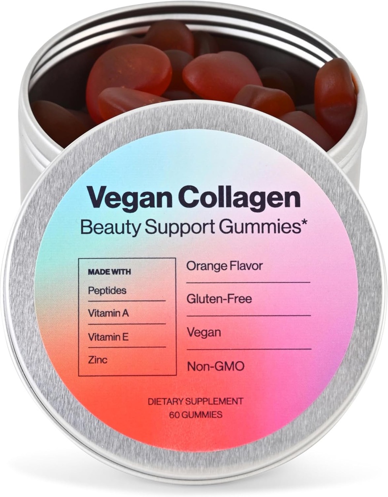 Soporte de belleza vegano Gummies Collagen Booster con Biotina, Vitamina C, A, E, Ácido Fólico y Más - 60 Gummies - Tin libre de plástico - Hecho con ingredientes naturales