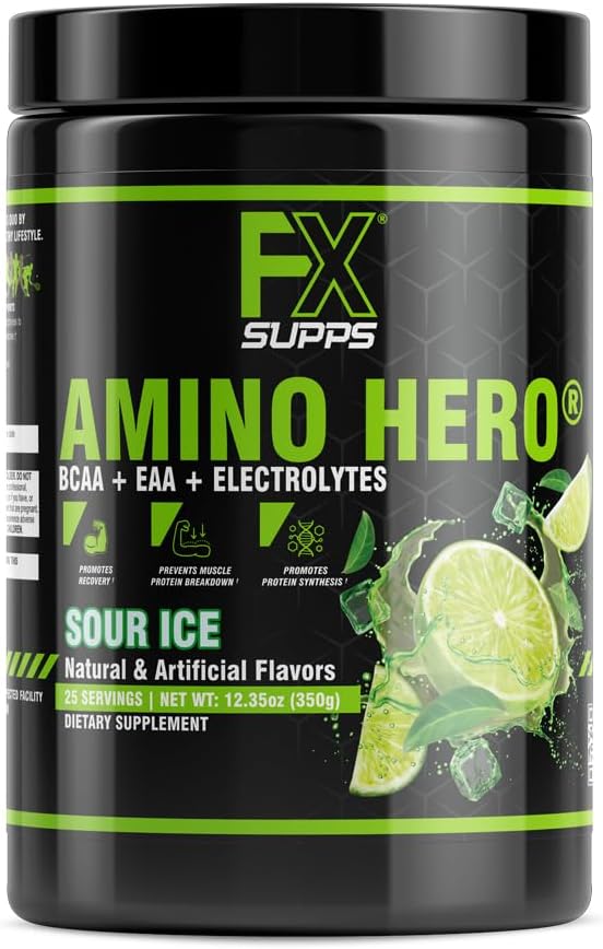 FXSUPPS Amino Hero Sour Ice Flavor (25 Servings) ← Post-Workout Recovery Bebida para Hombres y Mujeres ← Energy Powder Mix with BCAA, EAA, and Electrolytes ⋅ Promotes Endurance and Healthy Muscles - 1 Pack