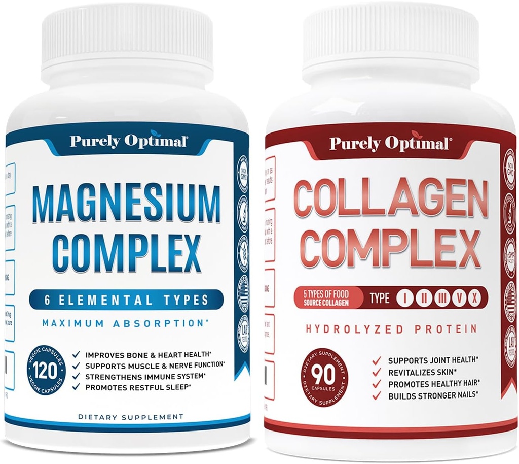 Complejo de Magnesio Premium Puramente Optimal - Citrato de Magnesio, Malate, Relajación muscular - 120 caps + Péptidos Multi Collagen Puramente Optimal Premium (Tipos I, II, III, V, X)